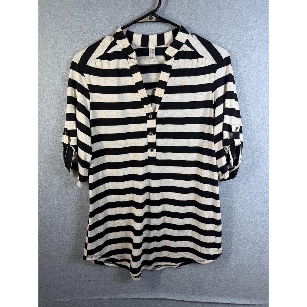 PerSeption Concept Blouse Womens Large Black White Stripe Henley Roll Tab Top